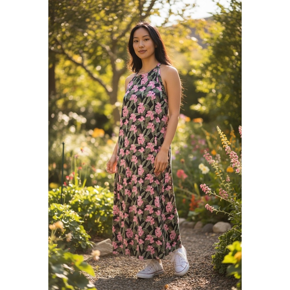 Guy Harvey Womens Floral Hibiscus Midi Dress Black Pink Tropical Halter Sz L